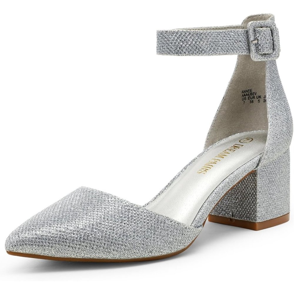 Pointed Toe Low Chunky Heels Pump Silver Glitter Buckle Closure Latex Shoes